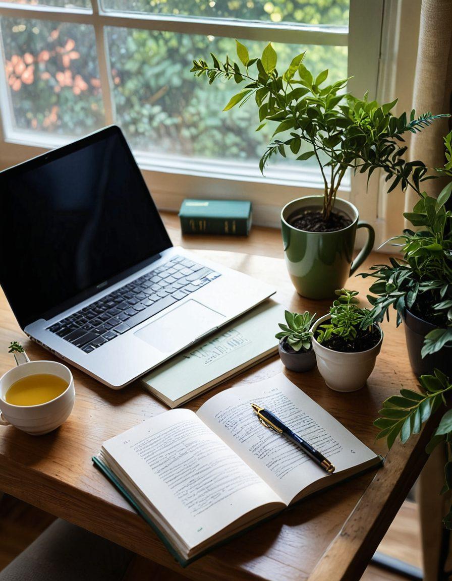 A serene workspace featuring an open online journal on a laptop, surrounded by inspirational quotes, a steaming cup of herbal tea, and a cozy plant. The background captures warm sunlight pouring in through a window, casting gentle shadows, symbolizing growth and reflection. Elements like a pen and a small stack of books are included to enhance the personal touch. soft warmth. vibrant colors. cozy atmosphere.