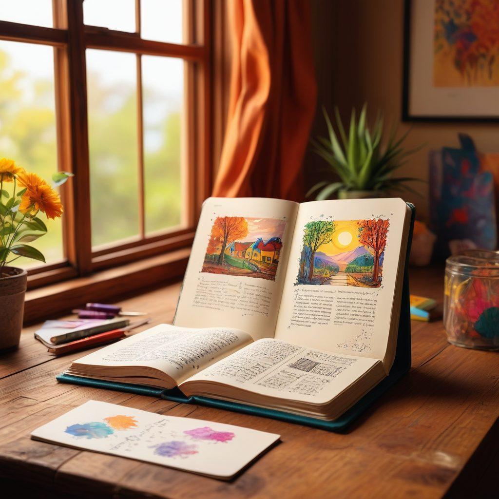 A vibrant digital diary open on a desk, surrounded by diverse people exchanging ideas and sharing creativity, colorful sketches emerging from the pages, representing community and conversation. Soft light streaming in through a window, illuminating a cozy, inspiring space. digital art. vibrant colors. cozy atmosphere.