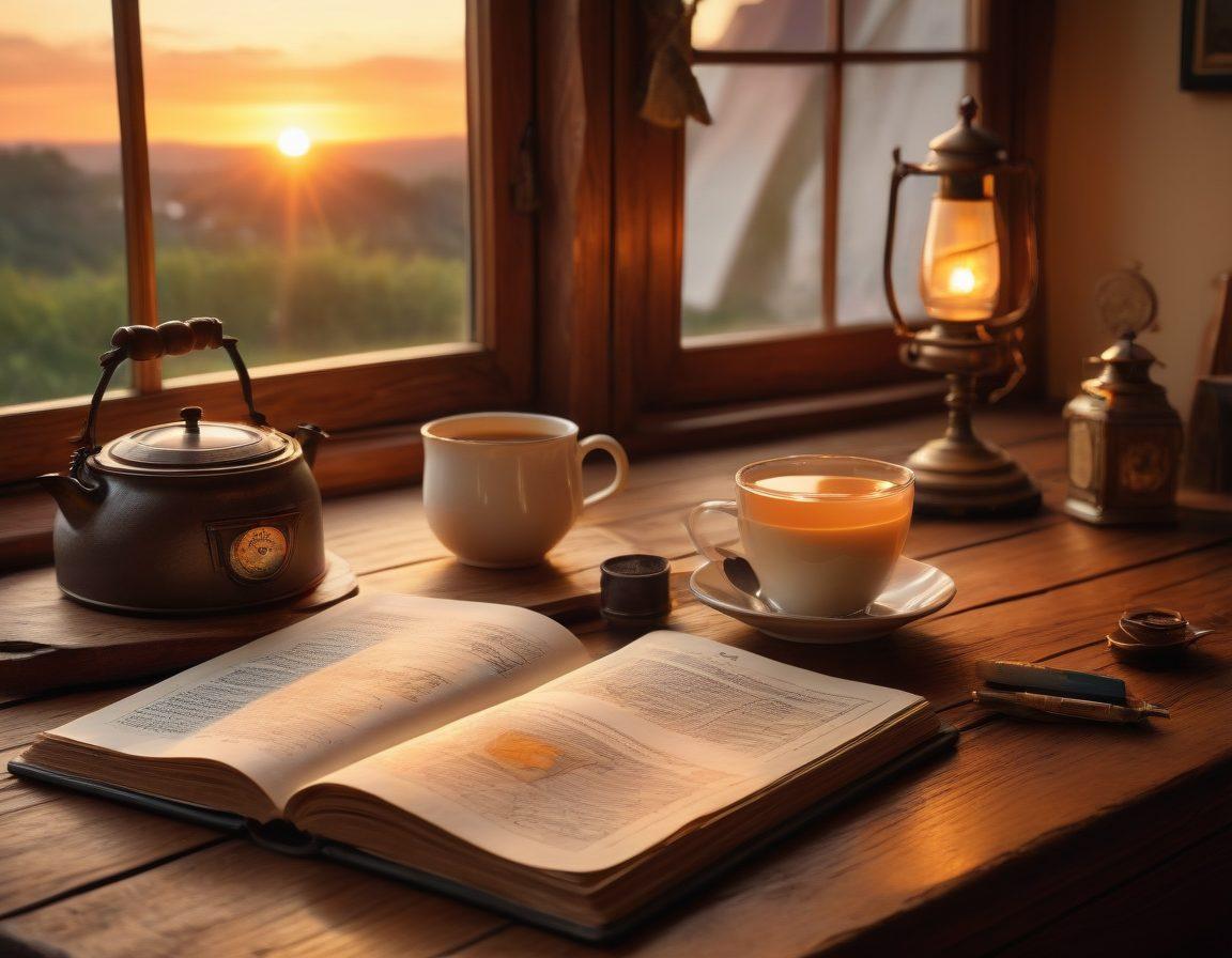 A cozy, inviting digital diary open on a wooden desk, with handwritten notes and vibrant sketches coming to life. Surrounding the diary, symbols of a journey: a compass, a globe, and photographs from various seasons tapering into a beautiful sunrise. Soft light filters through a window illuminating the scene, evoking a sense of warmth and introspection. A steaming cup of tea placed nearby. super-realistic. warm colors. soft lighting.